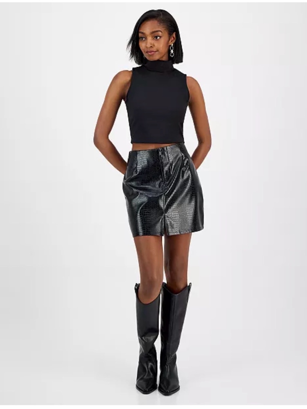 Bar III Black Croc-Embossed Faux Leather Mini Skirt